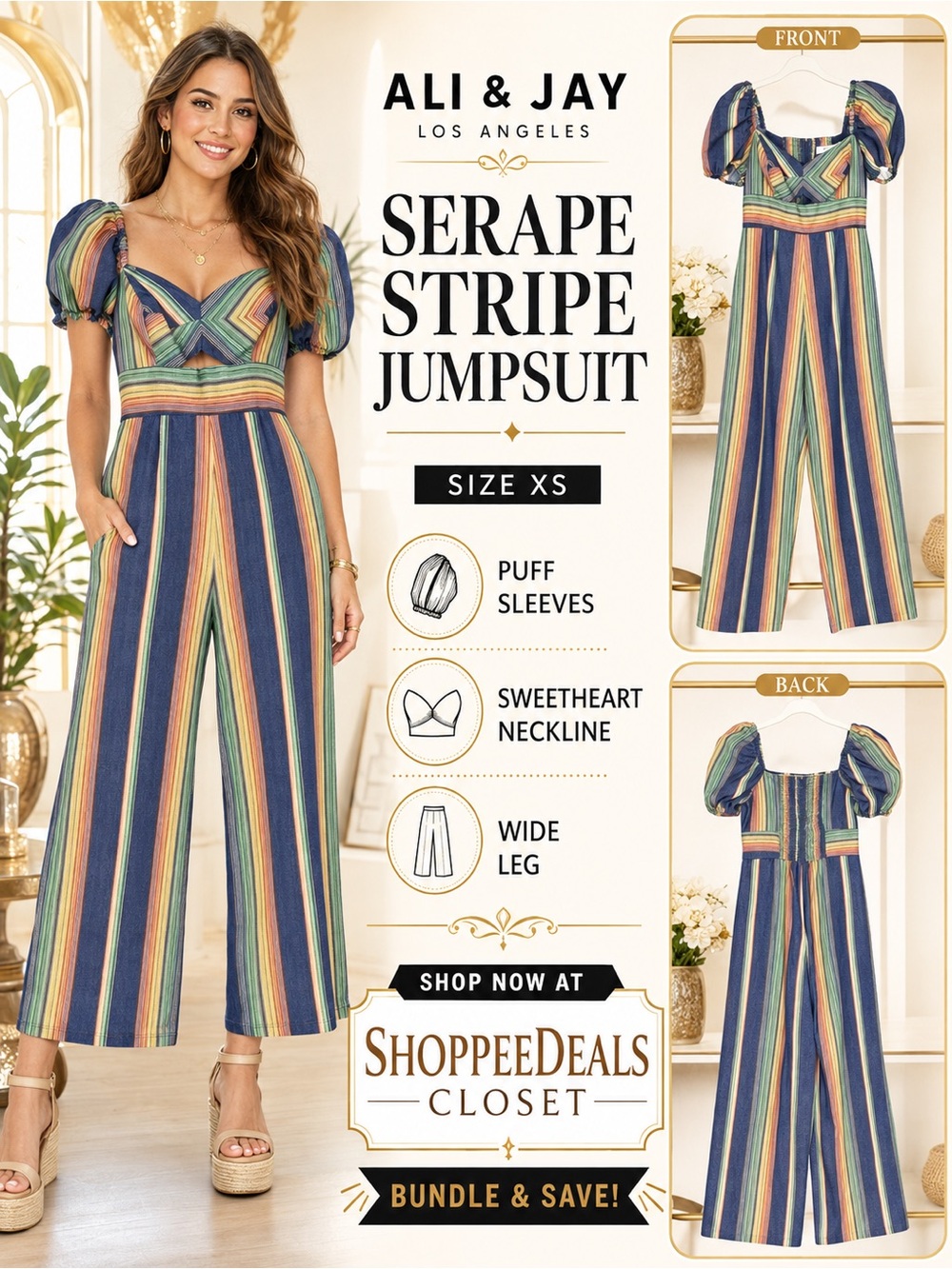 Ali & Jay Serape Stripe Puff Sleeve Wide Leg Jumpsuit Size XS